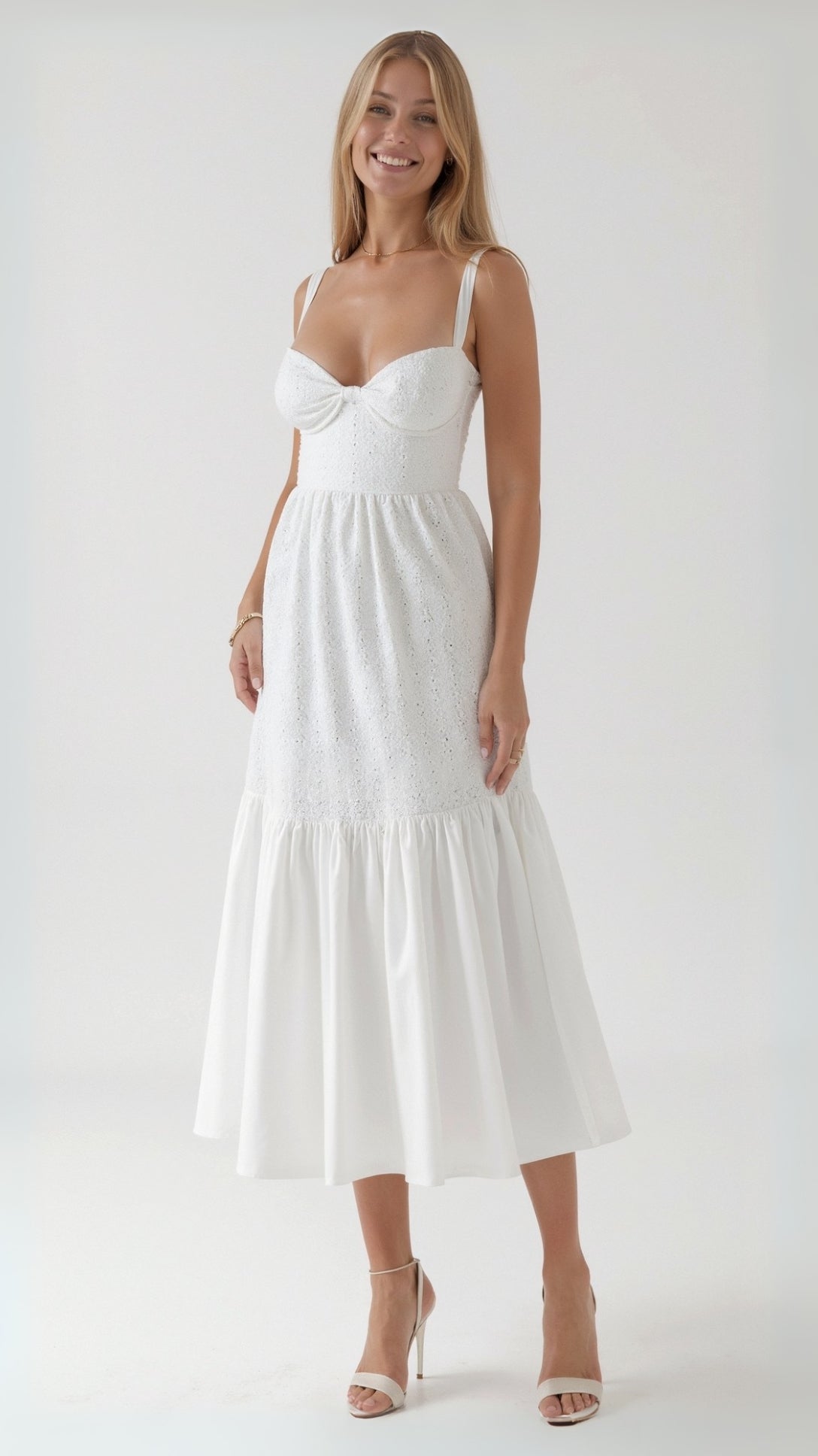 Sofia | Elegant White Cotton Midi Dress – Broderie Detail