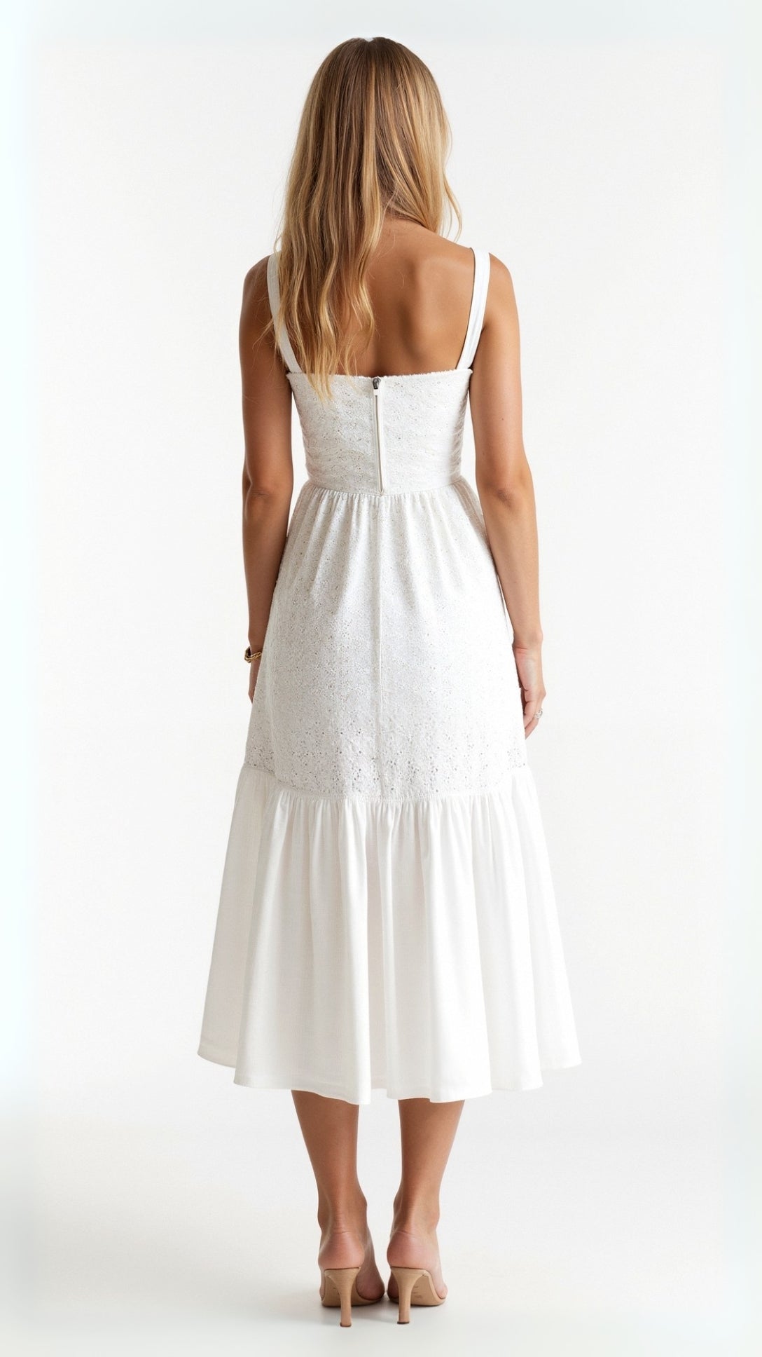 Sofia | Elegant White Cotton Midi Dress – Broderie Detail