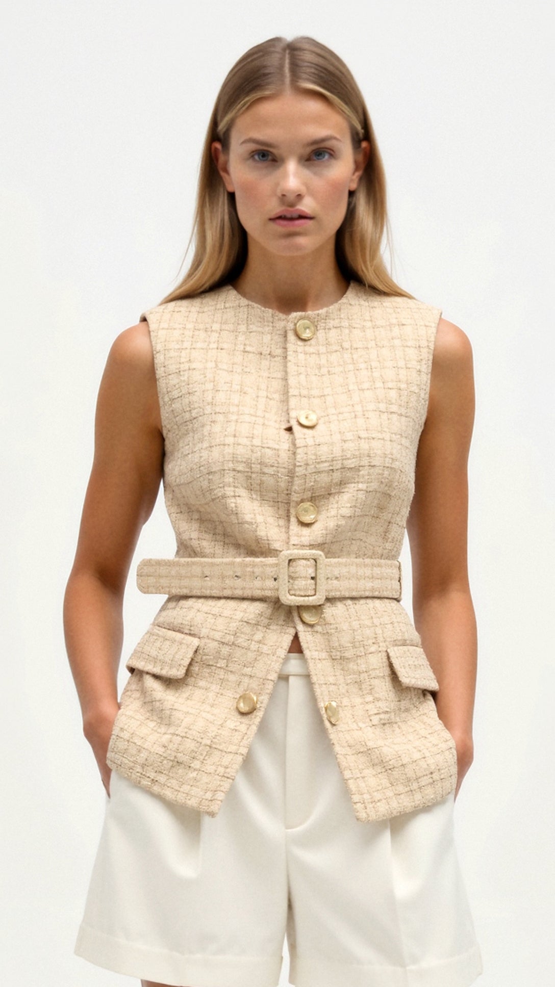 Martina | Beige Woven Sleeveless Top for Women