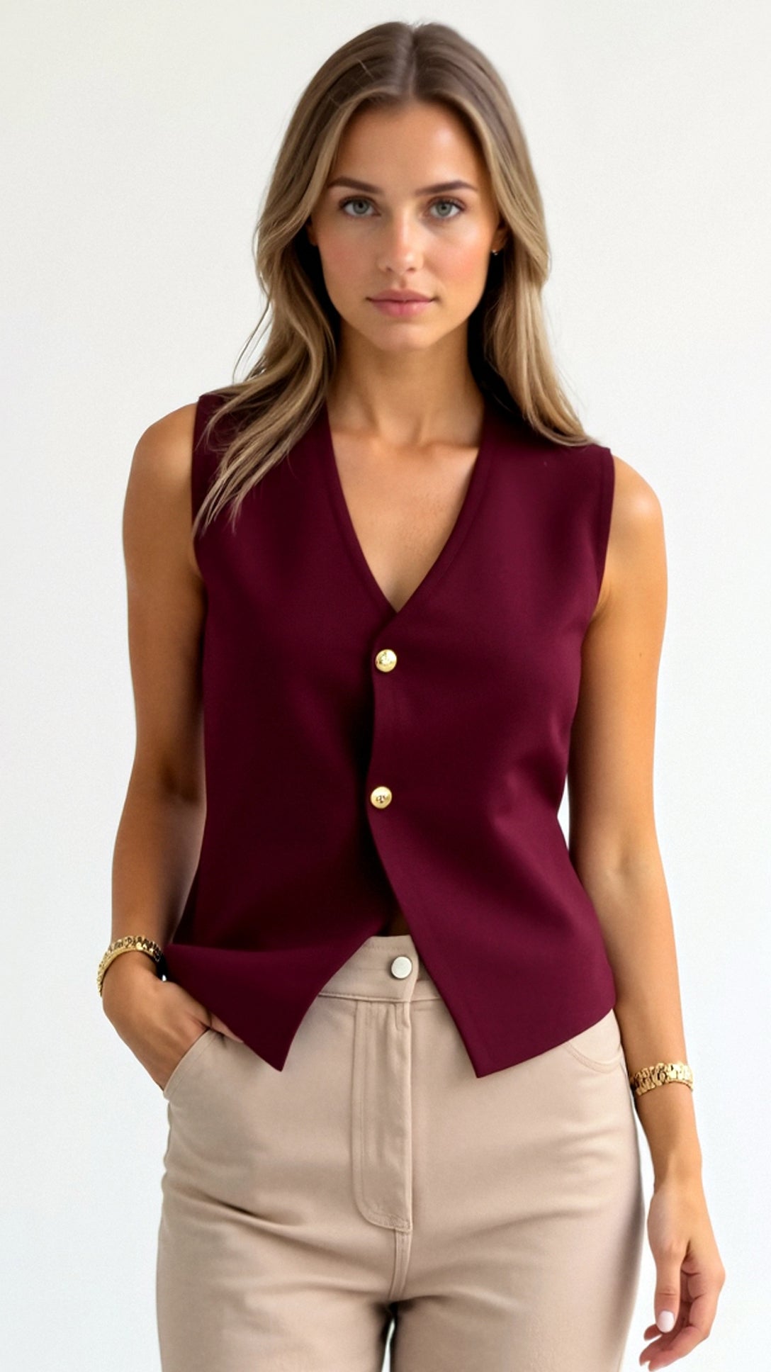 Elena | Green Waistcoat Top Knit Fabric Gold Buttons for Women