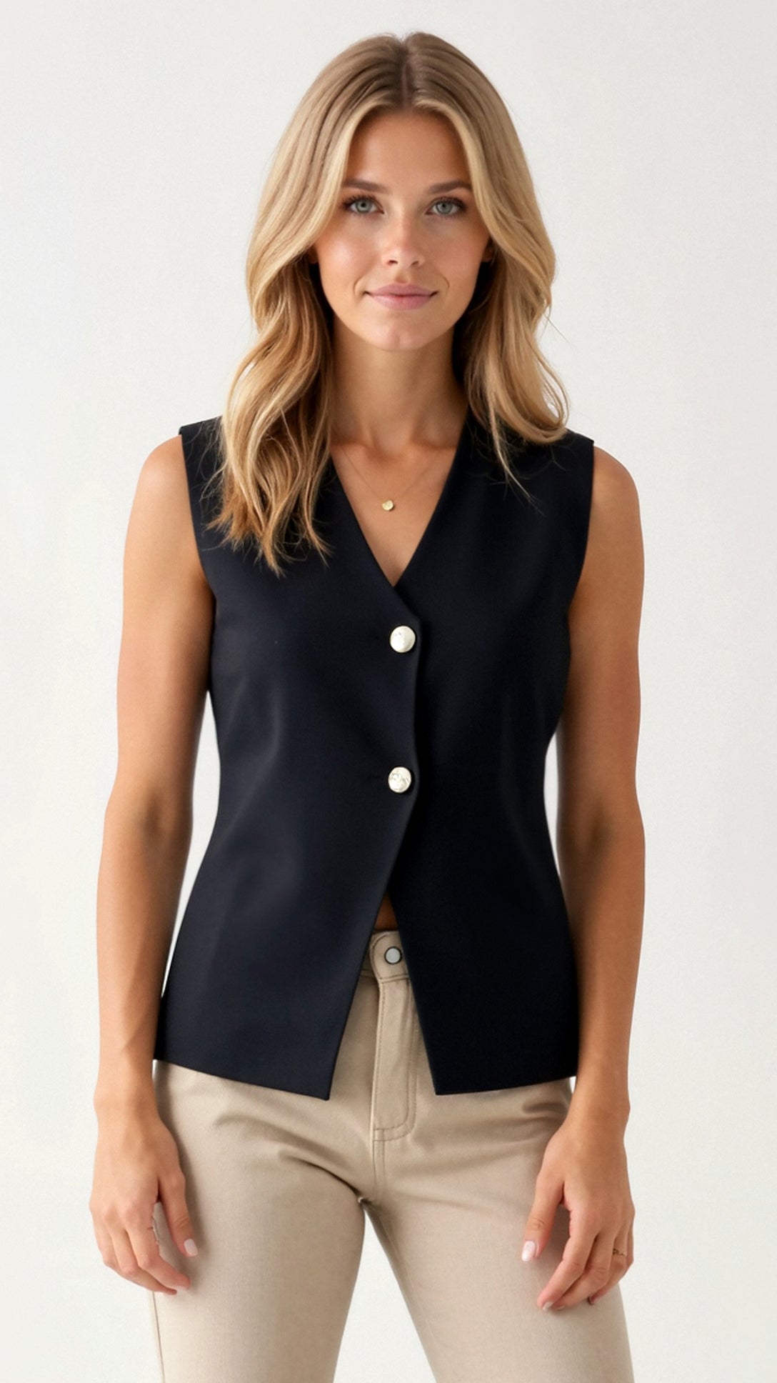 Elena | Green Waistcoat Top Knit Fabric Gold Buttons for Women