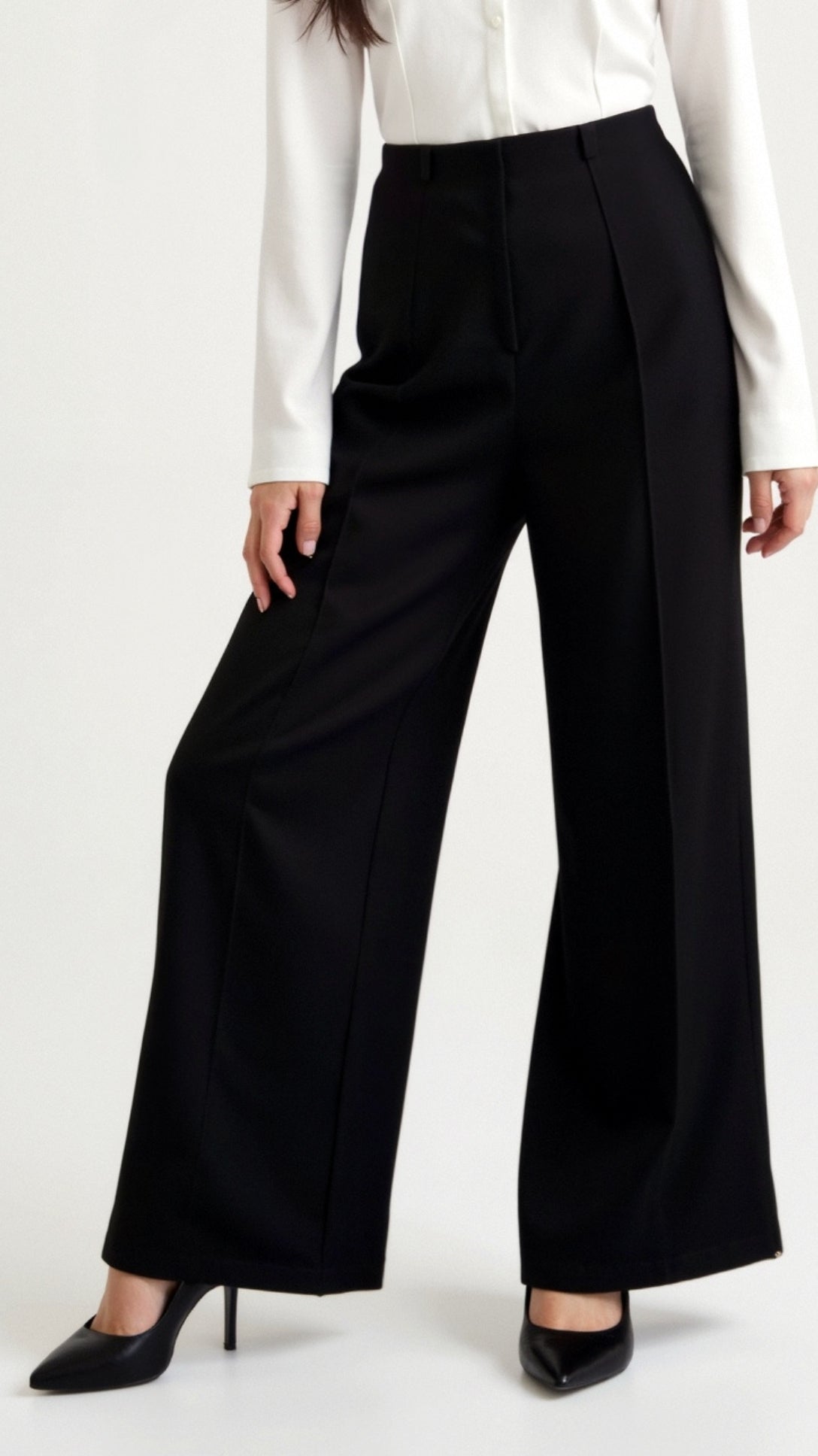 Federica | Women’s Black Wide Leg Pants Structured Fabric